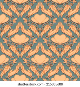 Retro Seamless Pattern with Hearts and Petals. Vector Illustration