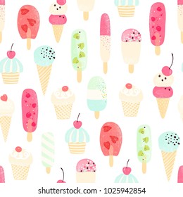 Retro seamless pattern with ice cream, vector pastel illustration on white background.