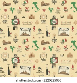 Retro seamless pattern with Italian landmarks, wine labels, letterings, food and drinks on a beige backdrop. Vector background on theme of Italy and Italian cuisine. Wallpaper, wrapping paper, fabric
