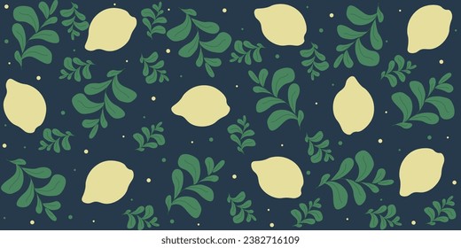 Retro seamless pattern with jucy Lemon and green leaves on blue background. Design wallpaper, fabric, t-shirt print in vintage Groovy style. Doodle lemon drawing ornament. Vector illustration.