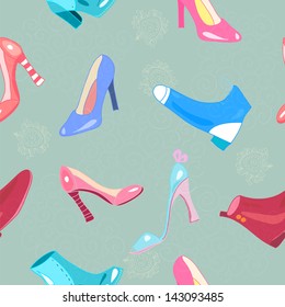 Retro seamless pattern with lady accessories - shoes and footwear