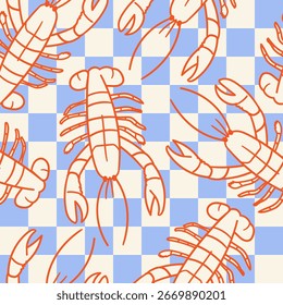 Padrão retro sem costura com lagostas lineares em fundo quadriculado. Vintage estilo vetor papel de parede plano. Ilustração de comida mediterrânea