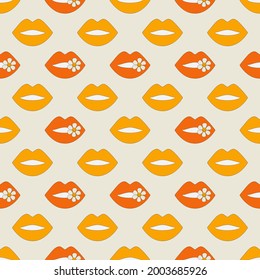 Patrón retro sin fisuras con labios y flores. Patrón de estilo hippie. Papel retro digital al estilo de los años 70. Patrón de vector
