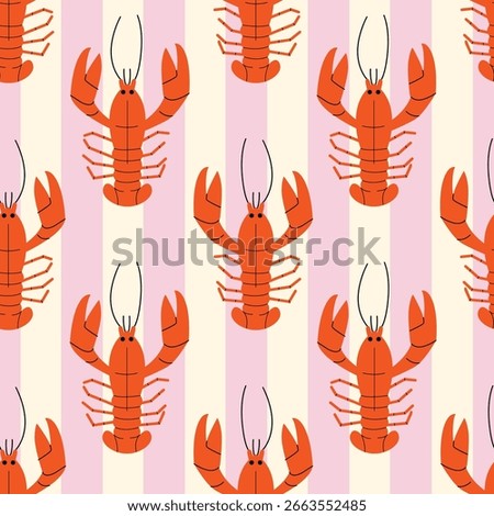 Retro seamless pattern with lobsters on striped background. Vintage style vector flat illustration of seafood