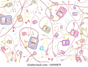 Retro Seamless Pattern made of cool hand-drawn mp3 players in different colors. Vector illustration