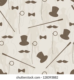 Retro seamless pattern for man. Silhouette of bowler, mustaches, stick,  monocle and a bow tie . Hand drawing illustration.