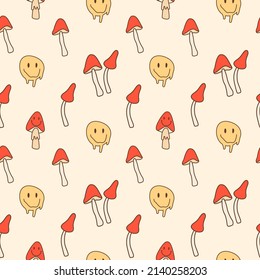 Retro seamless pattern with melting smiling faces and mushrooms. Drug trip psychedelic hippie culture inspired background. Retro vintage color palette. Vector illustration.