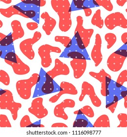 Retro seamless pattern in minimalist style. Geometric vector background design with blue and red elements. Scattered geometric line shapes. Old style colorful simple backdrop