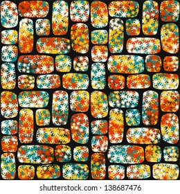 Retro seamless pattern with mosaic of flowers. Colorful vector background.