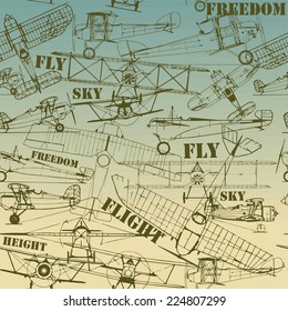 Retro seamless  pattern , old airplanes drawing