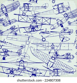 Retro seamless  pattern , old airplanes drawing