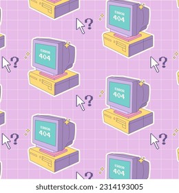 Retro seamless pattern with retro old computer . Vector nostalgic background in cartoon 80s 90s pop art style.Y2k, 00s, 90s concept