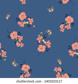 Retro Seamless pattern on vector  pink vintage pansy flowers  with butterflies soft and gentle  design for fashion,fabric,wallpaper and all prints on dark blue background