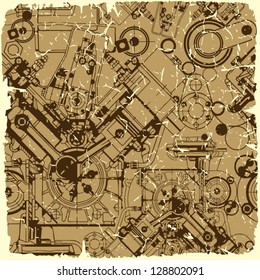 Retro seamless pattern on vintage old paper Drawing engine ,  background. . Plus three objects  cracked surface.Grunge effects can be removed.