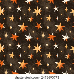 Patrón retro sin costuras con estrellas naranjas. Fondo oscuro de Vector de Antiguas con estrellas brillantes. Abstractas ilustración mágica. Diseño para impresión textil, relleno de página, papel de embalaje, cubierta, Web