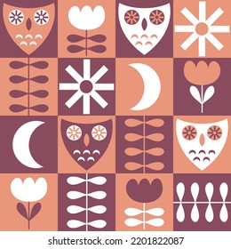 Retro seamless pattern with owls, sun and moon. Geometric checkered print for tee, paper, textile and fabric. Floral vector background for decor and design.

