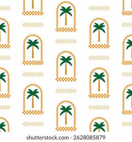 Retro seamless pattern with palm trees in mosaic frame. Tropical summer ornament with jungle nature plants. Vintage exotic background in traditional geometric patchwork style. Flat vector illustration