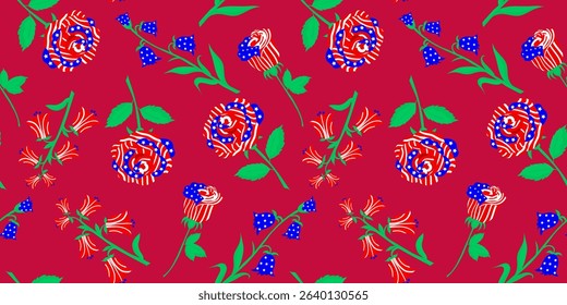 retro seamless pattern with patriotic roses flowers bells in usa flag colors on dark red for fourth of july celebration