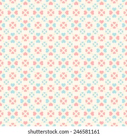 Retro seamless pattern. Pink and blue hearts on beige background. 