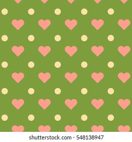 Retro seamless pattern. Pink hearts and dots on green background