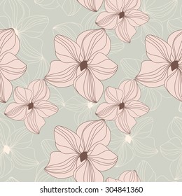 Retro seamless pattern with pink orchid flowers  on beige background