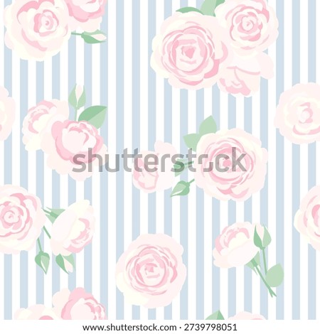Retro seamless pattern of pink roses on a refreshing striped background
