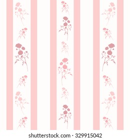 Retro seamless pattern with pink silhouettes of roses and stripes. Vintage seamless pattern with pink roses and stripes
