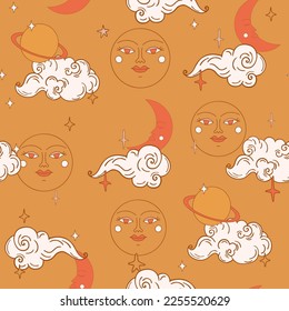 Retro seamless pattern with planets and stars in sky. Colored flat vector illustration of printable backdrop.