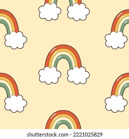 Retro seamless pattern with rainbow 70s style. Flat vector illustration