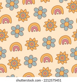Patrón retro sin fisuras con arco iris y flor. 60's 70s groovy floral fondo sin costura en estilo vintage de moda para tarjeta de saludo, afiche, cumpleaños, papel envolvente