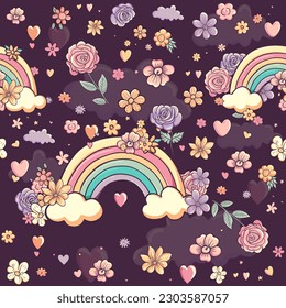 Retro seamless pattern with rainbows, clouds, flowers, hearts. Decorative cartoon abstract backdrop. Vector repeated background with beautiful pastel elements. Rainbow floral design