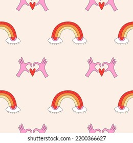 Retro seamless pattern with rainbows. Groovy retro seamless pattern. Groovy nostalgic seamless background for textile