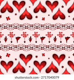 Padrão retro sem costura corações vermelhos fundo romântico para Valentines Day ilustração vetor, cartão, cartões, namorados, casal, tecido sarong, design de onament
