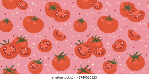 retro Seamless pattern with redtomatoes on a warm pink background. Hand drawn food illustration, repeating kitchen print for textile, packaging, wallpaper, fabric and surface design.