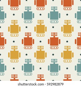 Retro Seamless Pattern with robots. Baby background.