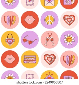 Retro seamless pattern with romantic groovy icons in style vintage 70s, 80s. Abstract round icons isolated on a white background. Trendy vector illustration.