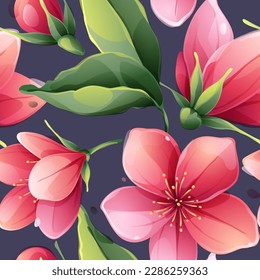 Retro seamless pattern with Sakura blooming flowers, pink cherry blossom, branches. Vector realistic watercolor style. Design for banner, oriental poster, Valentine's card, wedding invitation.
