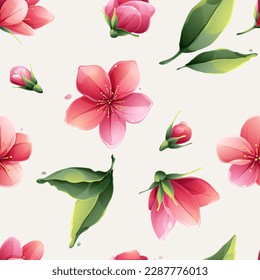 Retro seamless pattern with Sakura blooming flowers, pink cherry blossom, branches. Vector realistic watercolor style. Design for banner, oriental poster, Valentine's card, wedding invitation.