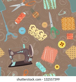 Retro seamless pattern with sewing accessories - scissors, buttons and sewing machine