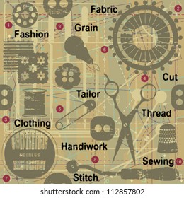 Retro seamless pattern with sewing and tailoring related symbols and words 1