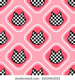 Retro seamless pattern shows checkerboard cat heads in rounded square shapes against a pink background image..