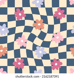 Retro Seamless Pattern With Simple Flowers In 1970s Style. Groovy Background For T-shirt, Poster, Card And Print. Doodle Vector Illustration For Decor And Design.


