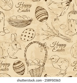 Retro seamless pattern of sketch Easter symbols and greeting text
