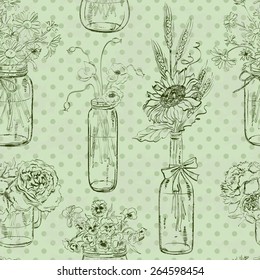 Retro seamless pattern of sketch mason jars with flowers on a polka dot background