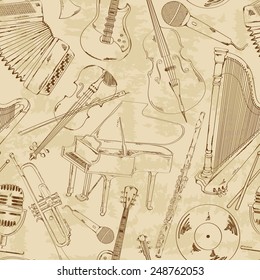 Retro seamless pattern of sketch musical instruments