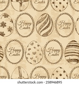 Retro seamless pattern of sketch ornate Easter eggs and greeting text