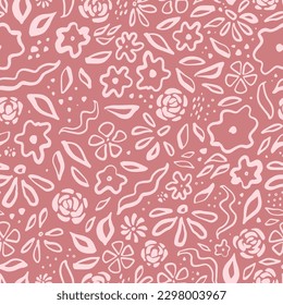 retro seamless pattern with sketched floral elements on pink background. Good for prints, wallpaper, nursery textile, scrapbooking, stationary, wrapping paper. EPS 10