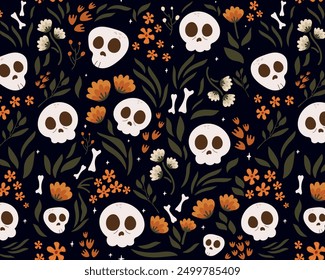 retro seamless pattern with skulls and flowers on dark background. Dead day party, sugar skull or halloween holiday.Traditional mexican music festival,fun bright dance vector characters.