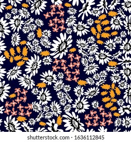 Retro Seamless Pattern With Small Wildflowers. Floral Print With Abstract Chamomiles. Template For Textile Design, Cards, Scrapbooking.