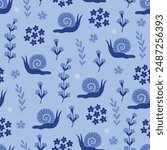 Retro seamless pattern with snail, leaves and flowers on blue background. Perfect for summer greetings, wallpaper, wrapping paper, fabric. Vector illustration